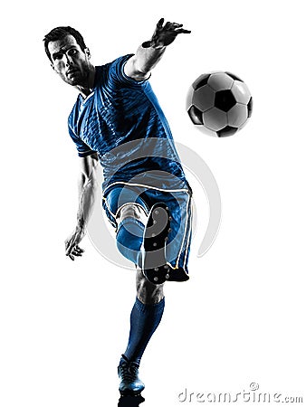 Soccer player man kicking silhouette isolated Stock Photo