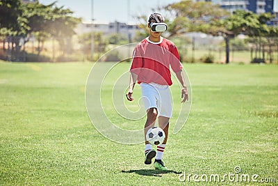 Soccer player man VR experience, innovation or digital cyber gaming on metaverse football field sports pitch. Fantasy Stock Photo