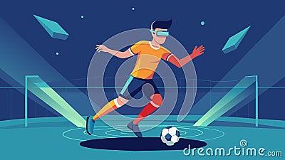 A soccer player practices their footwork and agility in a virtual stadium using a VR training program to improve their Vector Illustration