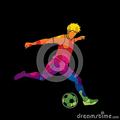 Soccer player running and kicking a ball action graphic vector. Vector Illustration