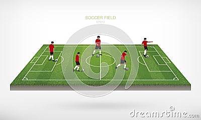 Soccer player and soccer football ball in area of soccer field. Vector Illustration