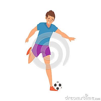 Soccer Player in Sports Uniform Kicking the Ball, Front View, Professional Athlete Character in Action Vector Vector Illustration