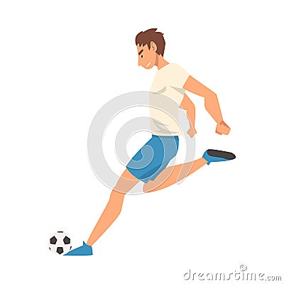 Soccer Player in Sports Uniform Kicking the Ball, Side View, Professional Athlete Character in Action Vector Vector Illustration