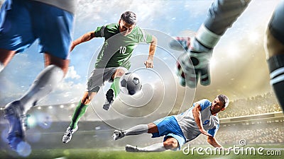 Soccer players in action on the day grand stadium background panorama Stock Photo