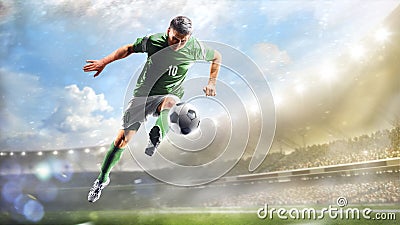 Soccer players in action on the day grand stadium background panorama Stock Photo