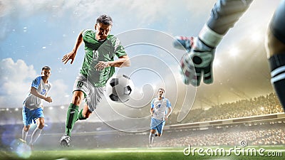 Soccer players in action on the day grand stadium background panorama Stock Photo