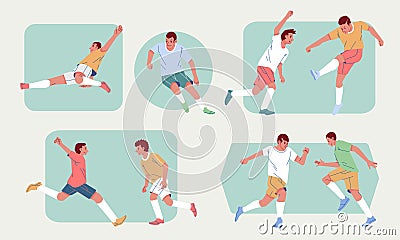 Soccer players in action various poses set flat design style vector illustration Vector Illustration