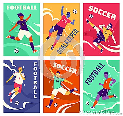 Soccer players cards. Footballers in different dynamic poses, leading and hitting ball, athletes in playing process and Vector Illustration