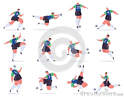 Soccer players. Football professional sportsmen, athletes in football uniform kicking ball, soccer players characters Vector Illustration
