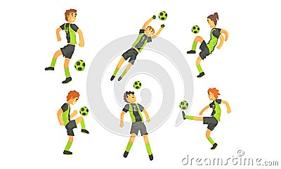 Soccer Players Kicking Ball Set, Professional Athlete Characters Showing Different Actions Vector Illustration Vector Illustration