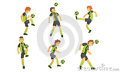 Soccer Players Kicking Ball Set, Professional Athlete Characters in Sports Uniform Showing Different Actions Vector Vector Illustration