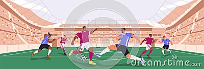 Soccer players playing with ball at stadium. Teams during sport game at football field, grass at World Cup competition Cartoon Illustration