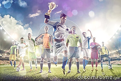 Soccer players selebrates the victory on grand arena Stock Photo