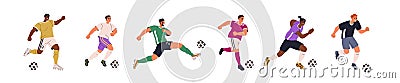 Soccer players set. Sports men playing European football game, running with ball. Athlete characters in motion, kicking Vector Illustration