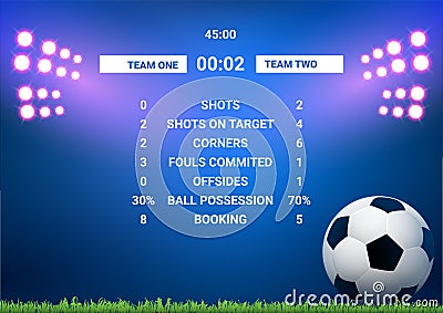 Soccer score board card stats template. Soccer scoreboard match screen stadium versus sport team infographic Vector Illustration