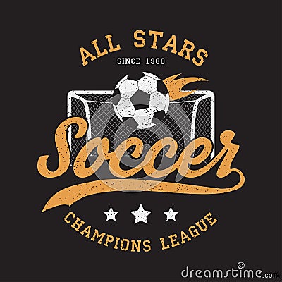 Soccer sports apparel with football goal and fiery ball. Typography emblem for t-shirt. Design for athletic clothes print. Vector. Vector Illustration