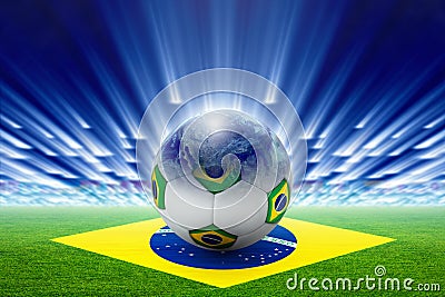Soccer stadium, ball, globe, flag of Brazil Stock Photo