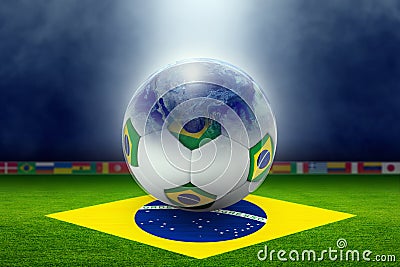 Soccer stadium, ball, globe, flag of Brazil Stock Photo
