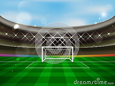 Soccer stadium banner. Football arena with spotlights, tribunes, soccer goal net and green grass. Vector Illustration