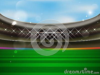 Soccer stadium banner. Football arena with spotlights, tribunes and green grass. Vector Illustration