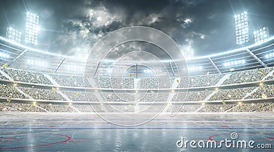 Hockey stadium. Ice hockey arena. Night stadium under the moon with lights, fans and flags Stock Photo