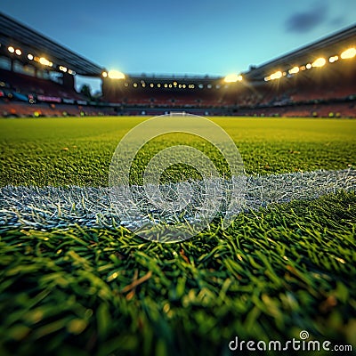Soccer stadium with vibrant artificial turf, ready for play Stock Photo