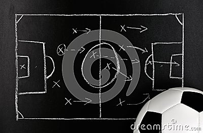Soccer strategy on a chalkboard with ball Stock Photo