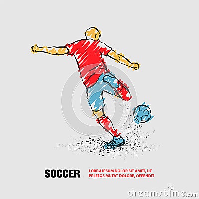 Soccer striker, back view. Vector outline of soccer player with scribble doodles style drawing Vector Illustration
