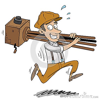 Old classic photographer running with big camera Vector Illustration