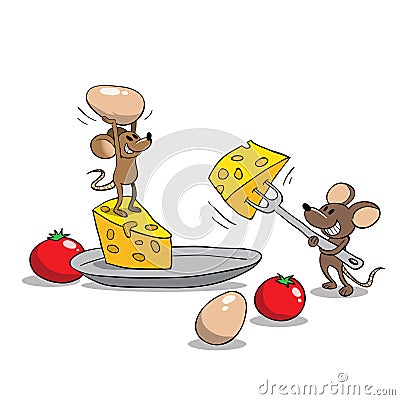 Mice eating cheese eggs and tomatoes Stock Photo