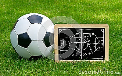 Soccer Tactics Chalkboard with Leather Ball Stock Photo