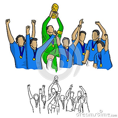 soccer team winner in blue jersey shirt holding goal trophy vector illustration sketch doodle hand drawn with black lines isolate Vector Illustration