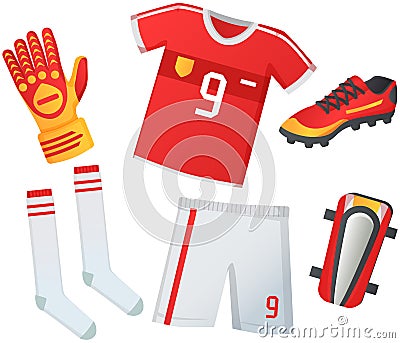 Soccer uniform jersey and t-shirt, sport shoes cleats icons, shorts gloves and sports leggings Vector Illustration