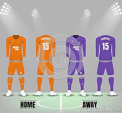 Soccer uniforms in orange and purple tone for home and away team Vector Illustration