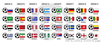 Soccer World Cup 2018. Russia 2018 world cup, team group and national flags. Set of national vector flags Vector Illustration