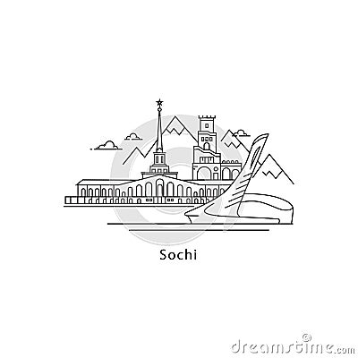 Sochi logo isolated on white background. Sochi s landmarks line vector illustration. Traveling to Russia cities concept. Vector Illustration