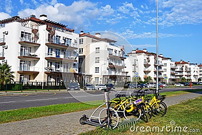 Sochi, Russia, August, 10, 2019.Russia, Sochi Adler, Olympic village in the summer. Bike parking in the Zapovedny quarter Z Editorial Stock Photo