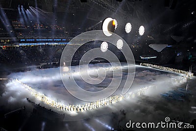 SOCHI, RUSSIA - FEBRUARY 7, 2014: snowflakes, which should become the Olympic rings, appear at the opening ceremony of the XXII O Editorial Stock Photo