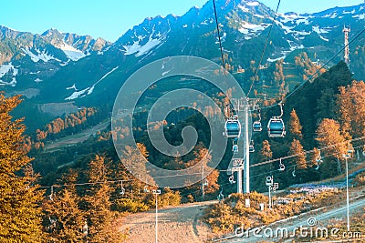 SOCHI, RUSSIA - 6 JUNE 2019, Cable car lifts in the ski resort of Rosa Khutor in Krasnaya Polyana Editorial Stock Photo