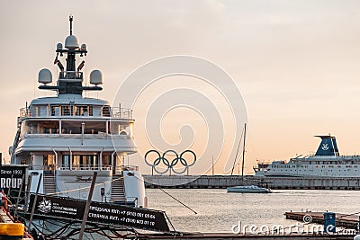 SOCHI, RUSSIA - June 5, 2018: motor ship and the symbol of the five rings Olympics Editorial Stock Photo