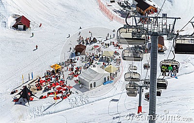 Sochi, Russia - March 25, 2014: Quiksilver NewStar Camp is winter sports and entertainment activity for skiers and snowboarders. Editorial Stock Photo