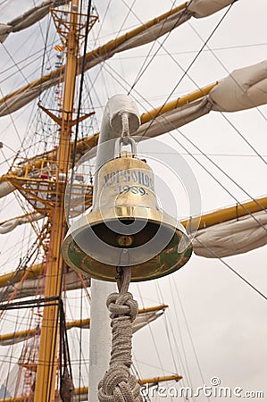 Sochi, Russia - May 4, 2017: Sea bell of the sailboat Chersonese against the backdrop of the mast Editorial Stock Photo