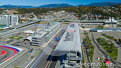 Sochi, Russia - October 2019: panoramic view - Sochi Autodrom in the Olympic Park, aerial photography Editorial Stock Photo