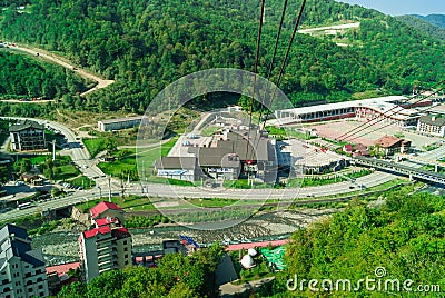 View from the window of the cable car cabin in Krasnaya Polyana Editorial Stock Photo