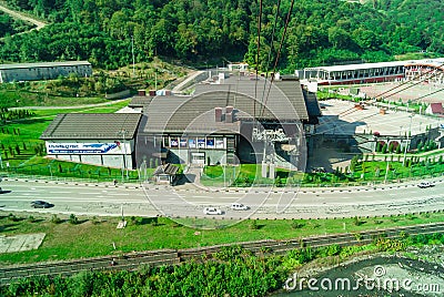 View from the window of the cable car cabin in Krasnaya Polyana Editorial Stock Photo