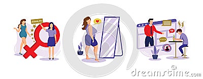 Social activism. Feminism, body positive, internet criticism, girl power, gender equality, plus size brand promotion. set flat Vector Illustration