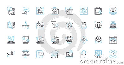 Social analytics linear icons set. Metrics, Engagement, Insights, Performance, Influencers, Sentiment, Followers line Vector Illustration