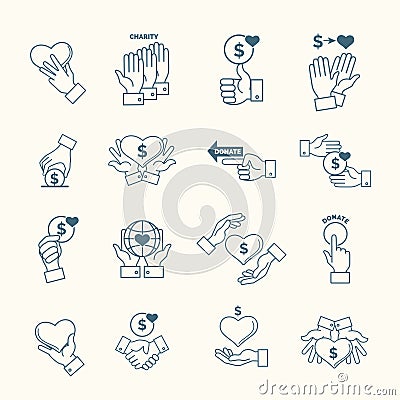 Social assistance services line hands signs. Linear fundraising, support and care icons Vector Illustration