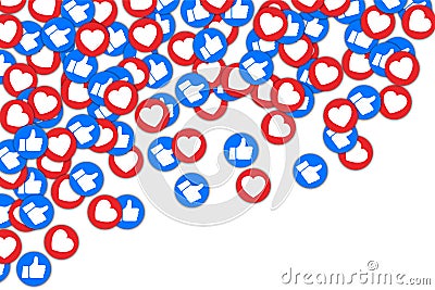 Social buttons thumb up like and red heart background. Social media likes falling background for advertisement, promotion. Vector Illustration