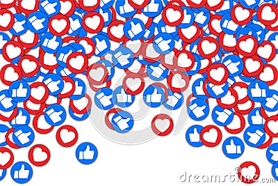 Social buttons thumb up like and red heart background. Social media likes falling background for advertisement, promotion. Vector Illustration
